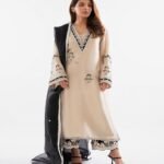 Beige and Black Embroidered Suit